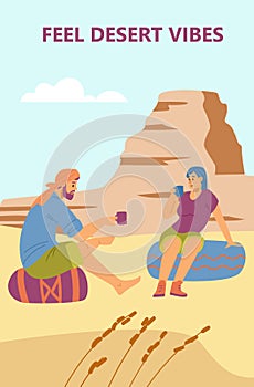 Banner or poster with tourists making desert journey flat vector illustration.