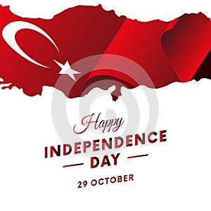 Banner or poster of Turkey independence day celebration. Turkey map. Waving flag. Vector illustration.