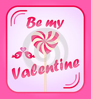 Banner or poster for Valentineâ€™s day celebration with Be my Valentine lettering, funny little birds pair and heart shape candy