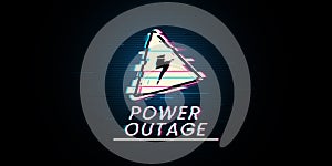 Banner of the power cut has warning sign with glitch effect the one is on the black background