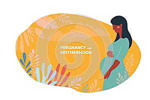Banner pregnancy and motherhood. Side view of a pregnant afro woman standing in nature and hugging belly with arms. Concept