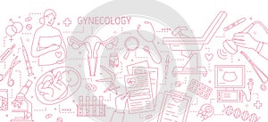 Banner with pregnant woman, baby in womb, uterus, gynecological tools and equipment drawn with contour lines on white