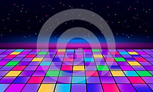 Banner for printing night disco parties. Retro vintage neon grid dance floor horizon 80s and 90s