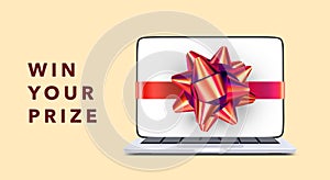 Banner for promotions where the main prize is a laptop. 3d realistic laptop with a bow. Vector illustration