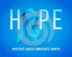 Banner for Prostate cancer awareness month in november. Word hope with realistic blue ribbon. Design template for poster