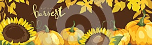 Banner with pumpkins, sunflowers and yellow leaves.