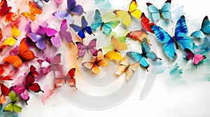 Banner with rainbow butterflies on white background. Butterfly background in rainbow colors. Colorful watercolor illustration for