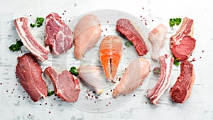 Banner. Raw meat steaks salmon, beef and chicken on a white wooden background. Organic food.