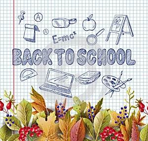 Banner with realistic leaves and school supplies