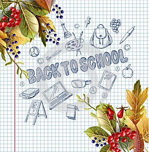 Banner with realistic leaves and school supplies