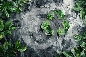 banner with recycled logo sketch, green leaves, textured background, promoting environmental conservation photo