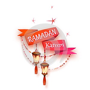 Banner with red ribbon and arabic lantern for holy