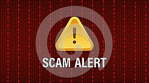 Banner with red scam alert. Attention sign. Cyber security icon. Caution warning sign sticker. Flat warning symbol