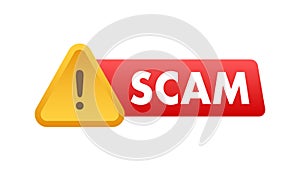 Banner with red scam alert. Attention sign. Cyber security icon. Caution warning sign sticker. Flat warning symbol