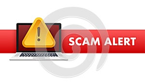 Banner with red scam alert. Attention sign. Cyber security icon. Caution warning sign sticker. Flat warning symbol