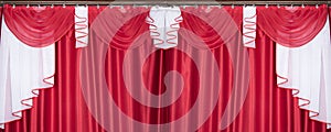 Banner with red and white color pelmet and curtains portiere, silk texture with folds