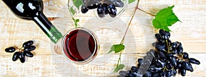 Banner of Red wine concept with bottle, glass and grapes