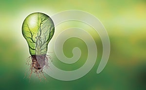 Banner Renewable energy concept - Eco light bulb with leaf and branches inside and roots
