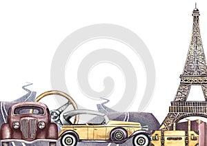 A banner with retro cars. Vintage steering wheel, paved roads, Eiffel Tower, suitcases. A retro-style journey. A