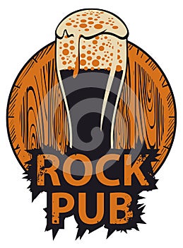 Banner for rock pub with glass of beer and barrel