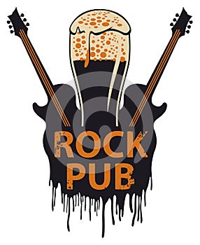 Banner for rock pub with glass of beer and guitars