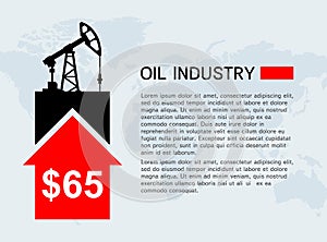 Banner with a rocking machine for oil production and up arrow. high cost per barrel. Template with place for your text.