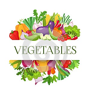 Banner round composition with colorful vegetables for farmers market menu design. Healthy food concept. Vector