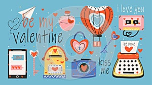 Banner for Saint Valentine\'s day, 14 february. Hand drawn cards with love elements, heart, text