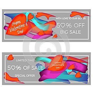 Banner about the sale and discounts. Abstract colorful fluffy liquid cover and a set of posters. Bubble forms the layout of the de