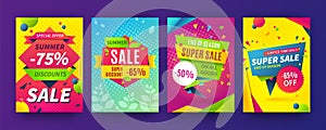 Banner sale poster. Promotion flyer, discount voucher template special offer market brochure. Vector sale labels and set