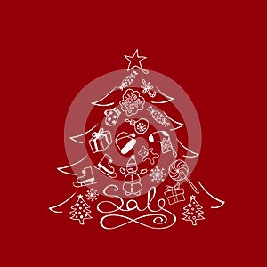 Banner For Sale - Christmas Tree With White Cartoon Elements On The Red Background