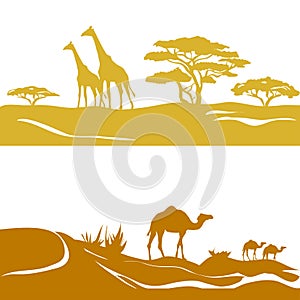 Banner with savanna and desert, silhouette