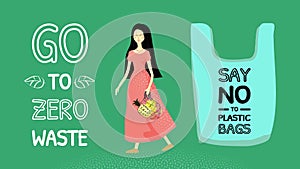 Banner say no to plastic bags, go to wasteless. Asian girl with long black hair in a long pink dress with a string bag with fruit.