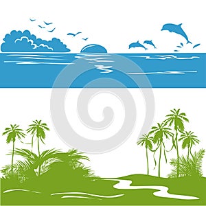 Banner with a sea view and the tropics, silhouette