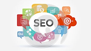 Banner SEO search engine optimization concept. Keywords and pictogram