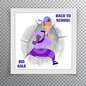 Banner set- back to school and sale, flat style with geometric figures and characters
