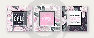 Spring sale banner with white Magnolia flowers.
