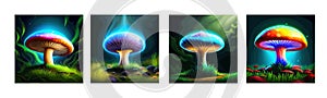 banner set Fabulous big mushroom in a magical forest. Fantasy Mushrooms