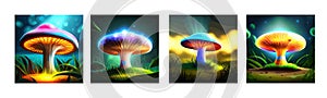 banner set Fabulous big mushroom in a magical forest. Fantasy Mushrooms
