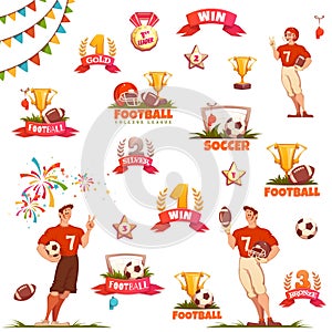 Banner set with football ball, sportsman and goblet. Vector illustration