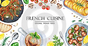 Banner set of French dishes, copy space. Watercolor illustration