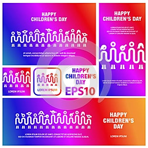 Banner set for Happy Children`s Day. Group children holding hands. One line art of simple children`s silhouette