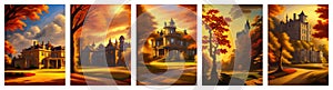 banner set Incredible landscape of meadow, orange trees on the hill and lonely castle