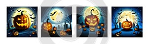 Banner set Jack O Lanterns halloween pumpkins and grave marker on dark foggy