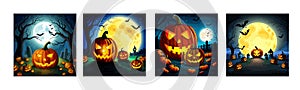 Banner set Jack O Lanterns halloween pumpkins and grave marker on dark foggy