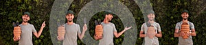 Banner set. Man gardener in green cap holds terracotta clay pots. Mock up, copy space. Botanical