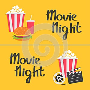 Banner set. Movie reel Open clapper board Popcorn Cinema icon collection. Movie night text. Flat design style. Yellow background.