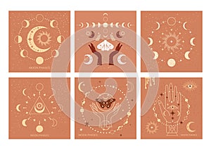 Banner set Mystical moon phases and woman hands and moth, alchemy esoteric magic space, sacred wheel of the year, vector