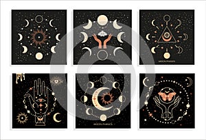 Banner set Mystical moon phases and woman hands and moth, alchemy esoteric magic space, sacred wheel of the year, vector