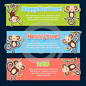 Banner set for New Year 2016 with cute monkeys
